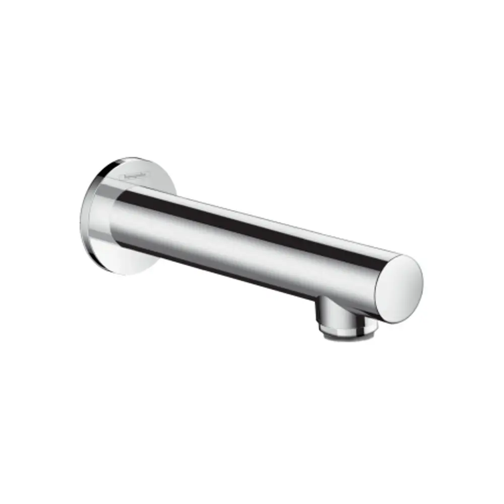 Wandmontierter Wasserhahn aus verchromtem Metall von Hansgrohe. Zylindrische Form mit runder Auslauföffnung, geeignet für den Einsatz in Badezimmern.